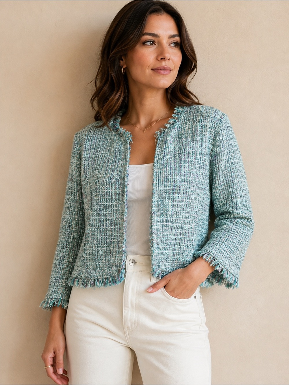 Vintage 90s More Dash Than Cash Fringe Tweed Jacket Chanel Style Size 8P Aqua